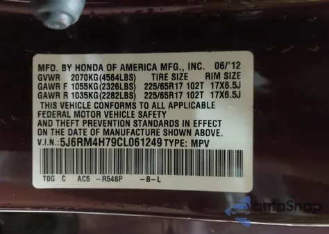 2012 Honda Cr-V Ex-L from USA, damaged, VIN 5J6RM4H79CL061249